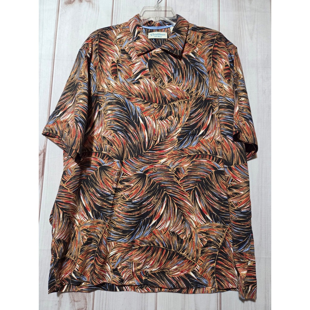 Caribbean Silk Blend Mens Large Tropical Feather Print Button Down Shirt Orange